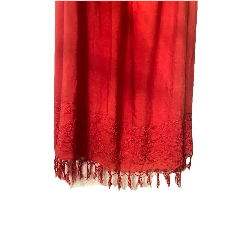 Red Maxi Peasant Skirt Womens S Boho Cottagecore Festival Fringe Flowy
